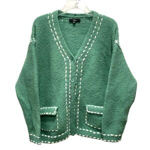 Lulus Cuddly Effect Green Contrast Stitched Cardigan Sz L Artsy Cottage Granny